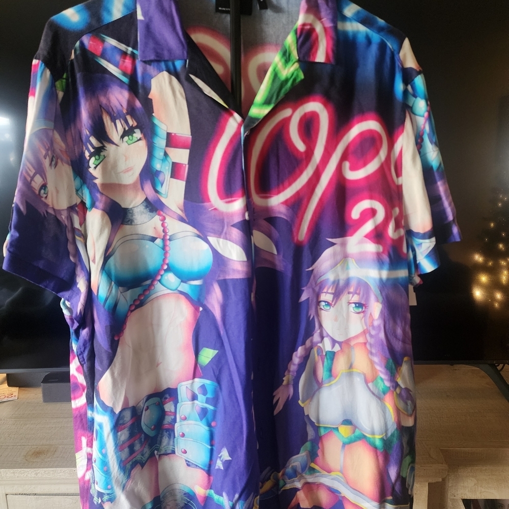ASOS Y2k Anime Graphic Button-Up Shirt | Neon Manga Print | Bold Streetwear Top - Picture 3 of 8